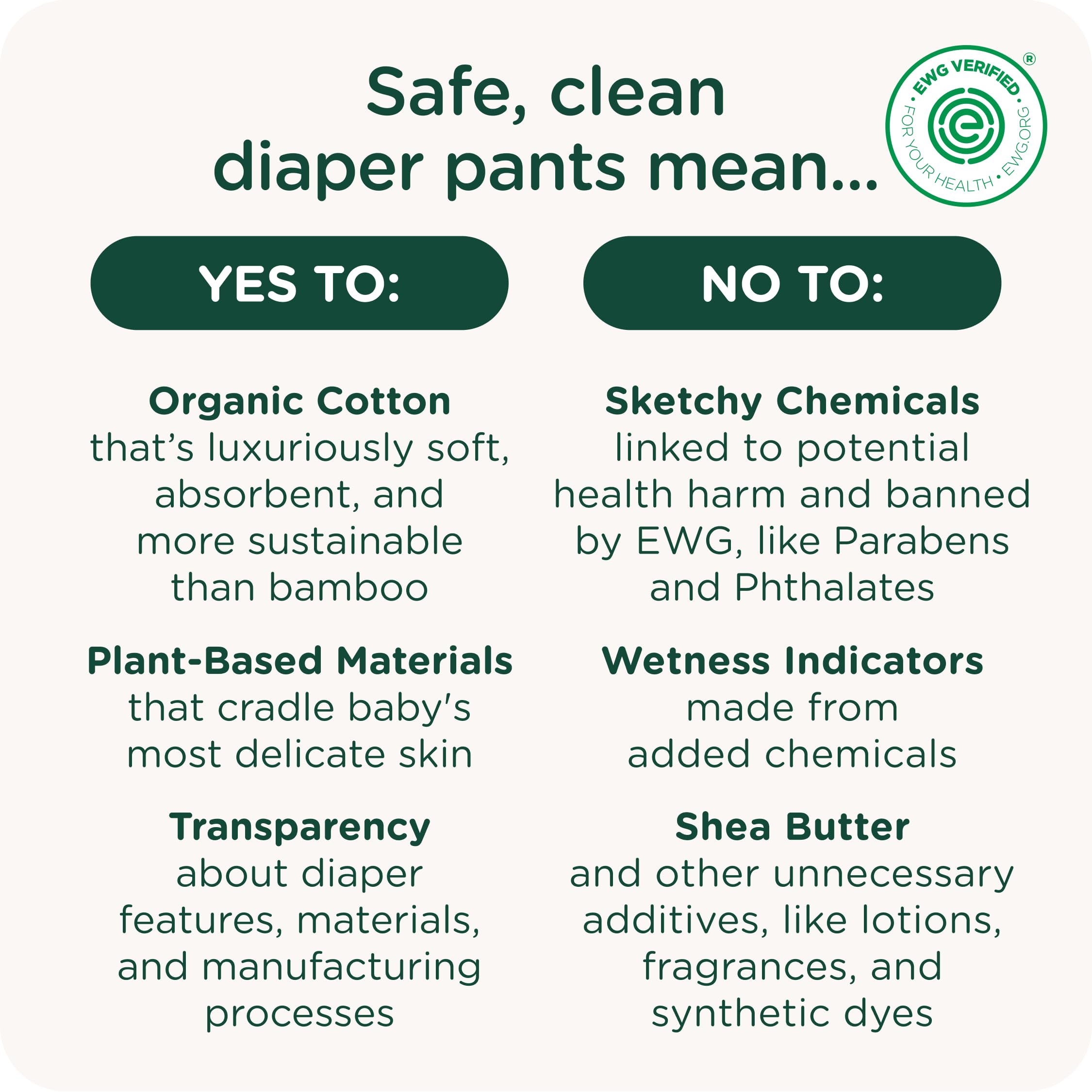HealthyBaby training pants packaging highlights EWG Verified Safe and plant-based