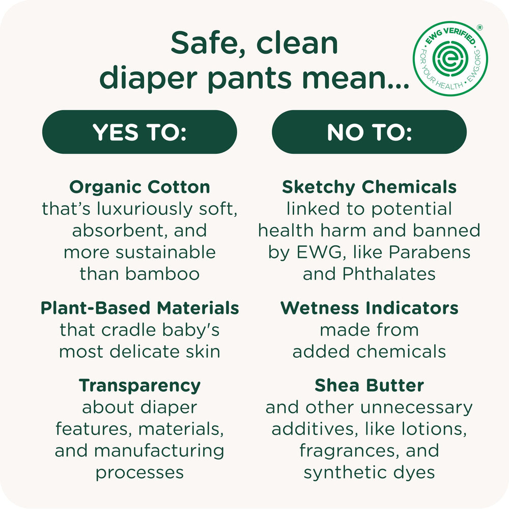 HealthyBaby training pants packaging highlights EWG Verified Safe and plant-based