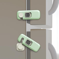 Heart of Tafiti fridge lock on closed fridge door helps keep snacks out of reach.