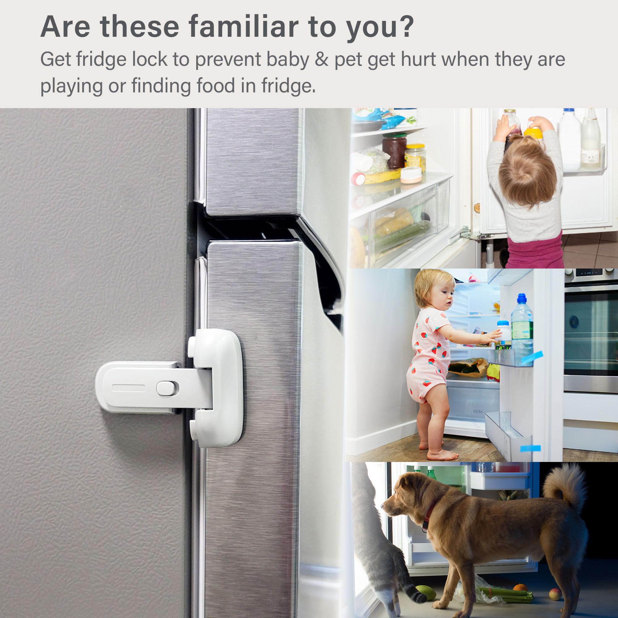 Heart of Tafiti fridge lock on refrigerator door shows immediate-use safety for curious kids.