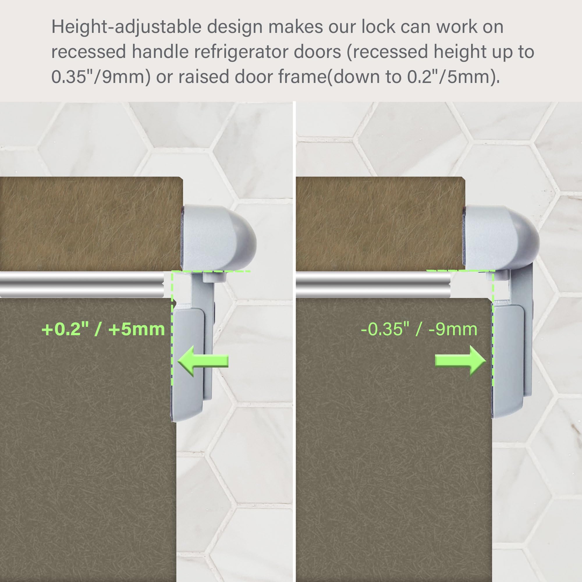 Heart of Tafiti fridge lock rotated-head design adapts to different door shapes.