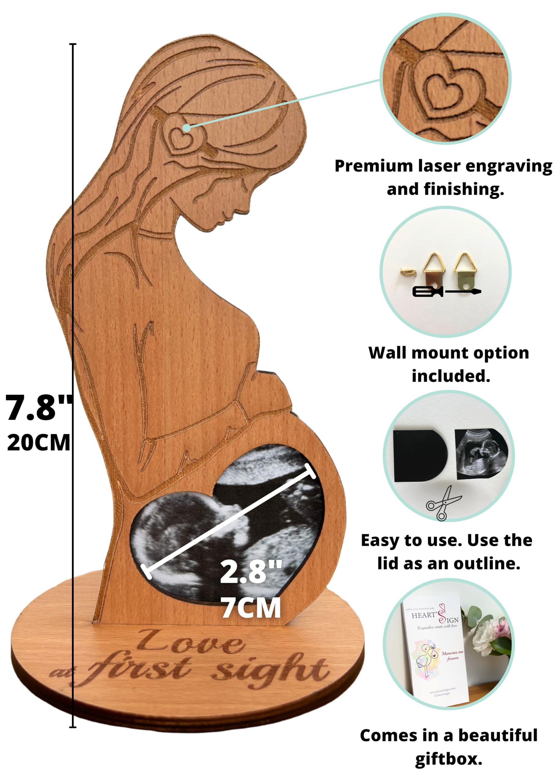 Heart's Sign laser-engraved sonogram frame adds elegant, lasting detail.