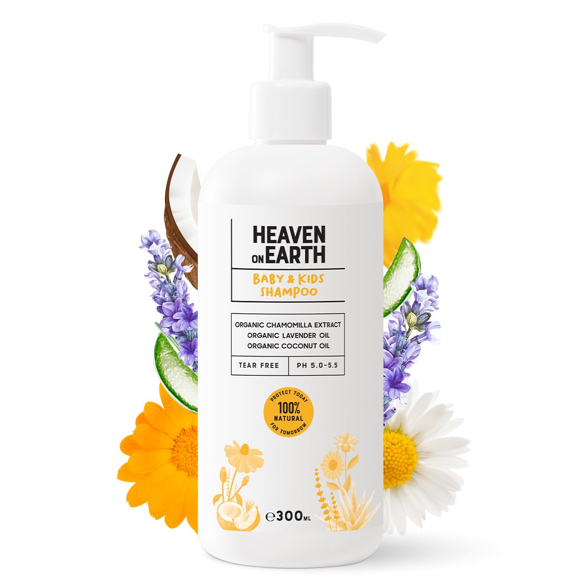 Heavens on Earth baby shampoo bottle with tear-free, gentle cleanse for sensitive skin.