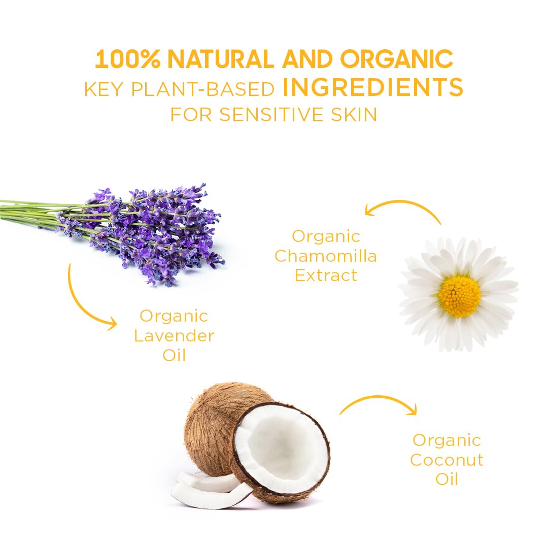 Heavens on Earth label highlighting fragrance-free, natural chamomile and calendula ingredients.