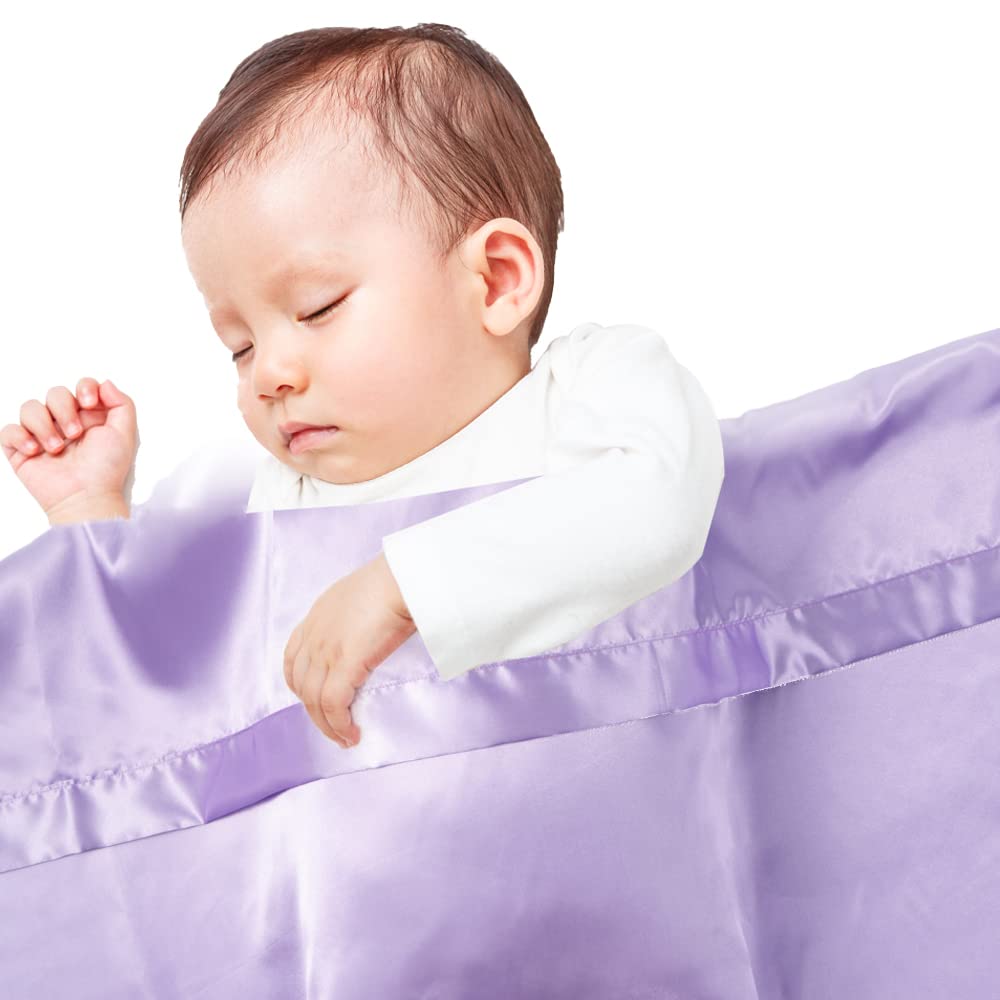 Heavens Cuddles lightweight lavender satin blanket in stroller for easy travel.