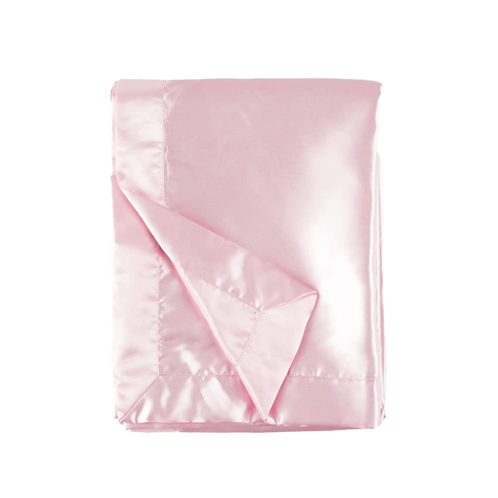 Heavens Cuddles pink satin baby blanket close-up shows silk-like softness