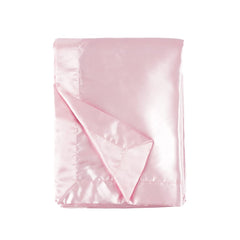 Heavens Cuddles pink satin baby blanket close-up shows silk-like softness