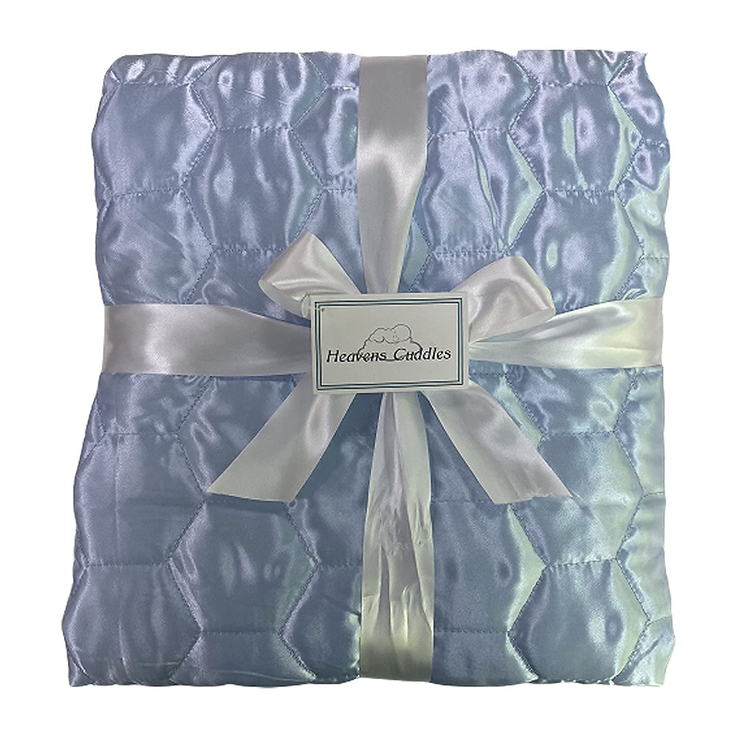 Heavens Cuddles quilted satin baby blanket light blue hex pattern detail emphasizes stylish design.