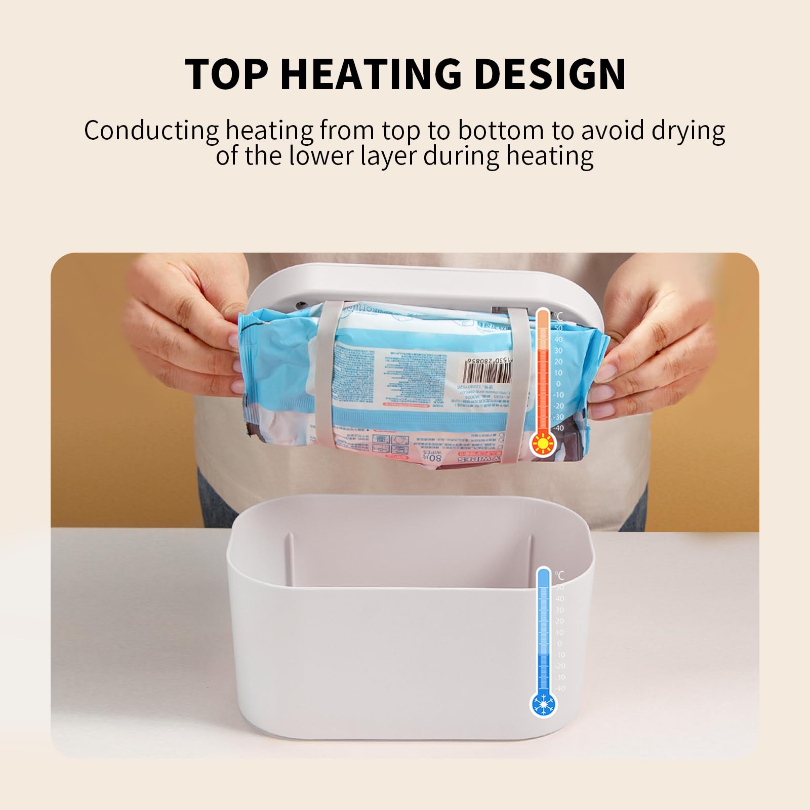 Hebafri baby-wipe-warmer interior with wipes emphasizes convenient dispenser for on-the-go changes.