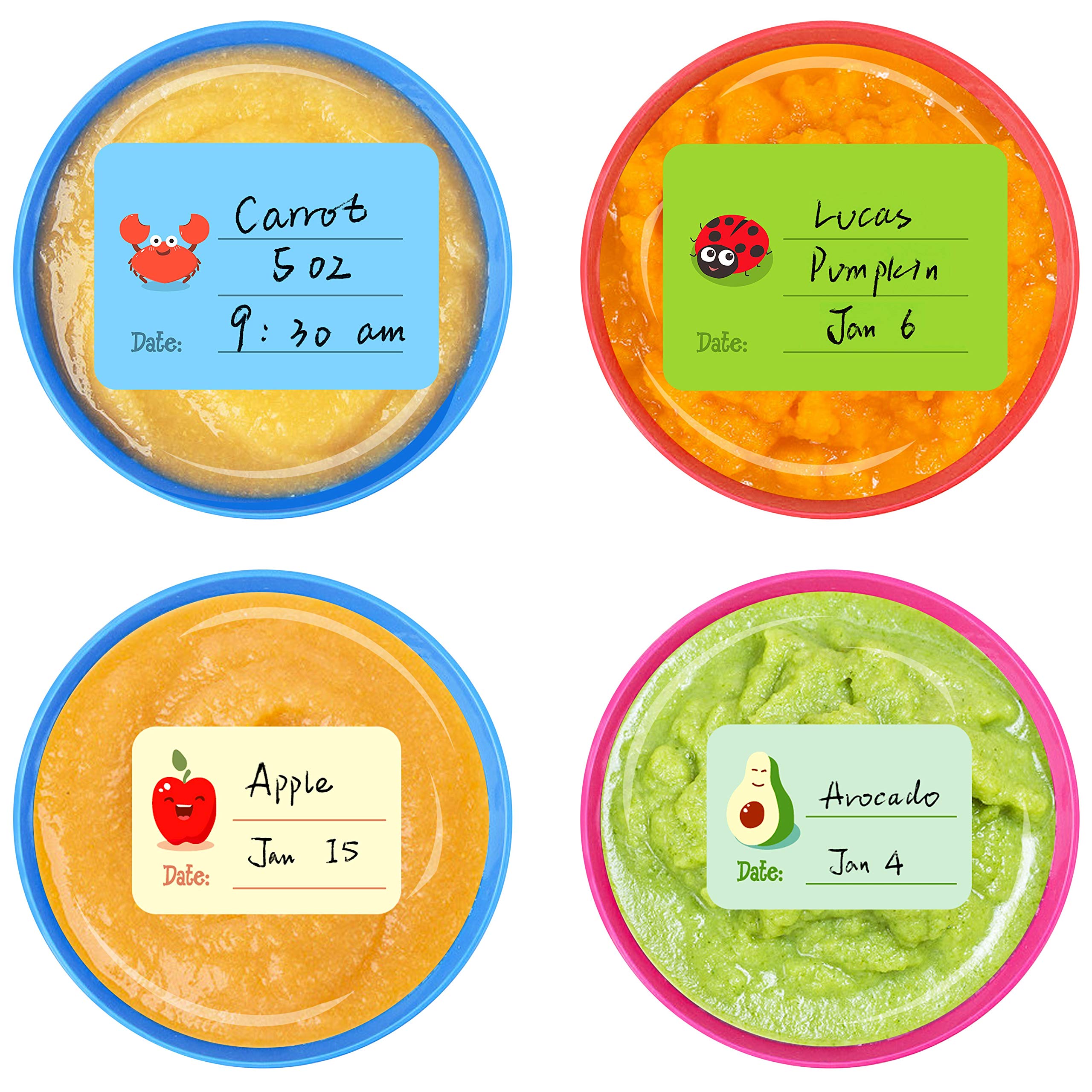 Hebayy 240-pcs baby food labels set packaging shows 45 designs for organized containers.