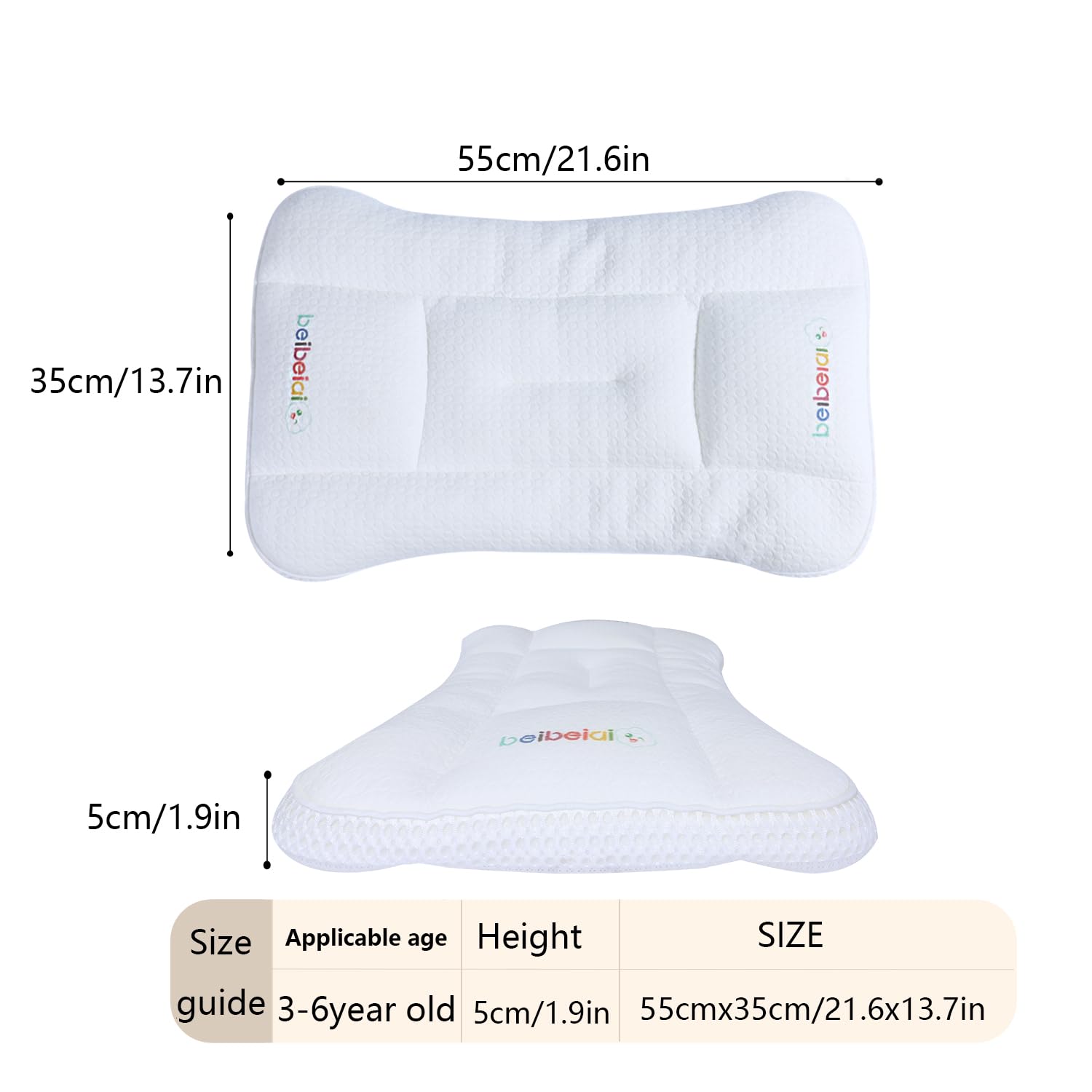 Hebove Kids Pillow demonstrates adjustable height for ages 1–18.