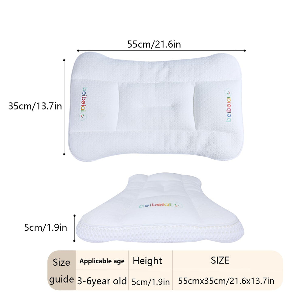 Hebove Kids Pillow demonstrates adjustable height for ages 1–18.
