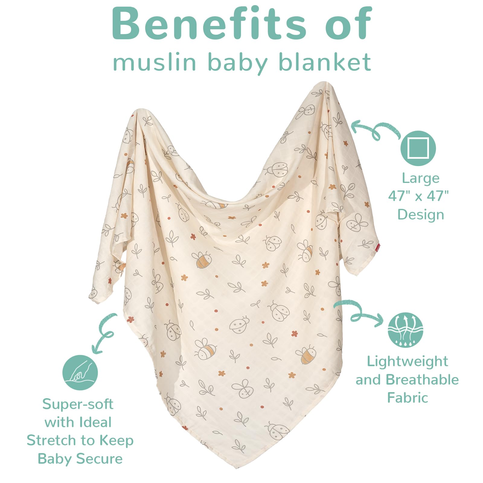 HECCEI muslin swaddle blanket fabric detail highlights ultra-fine yarn for durability and softness.