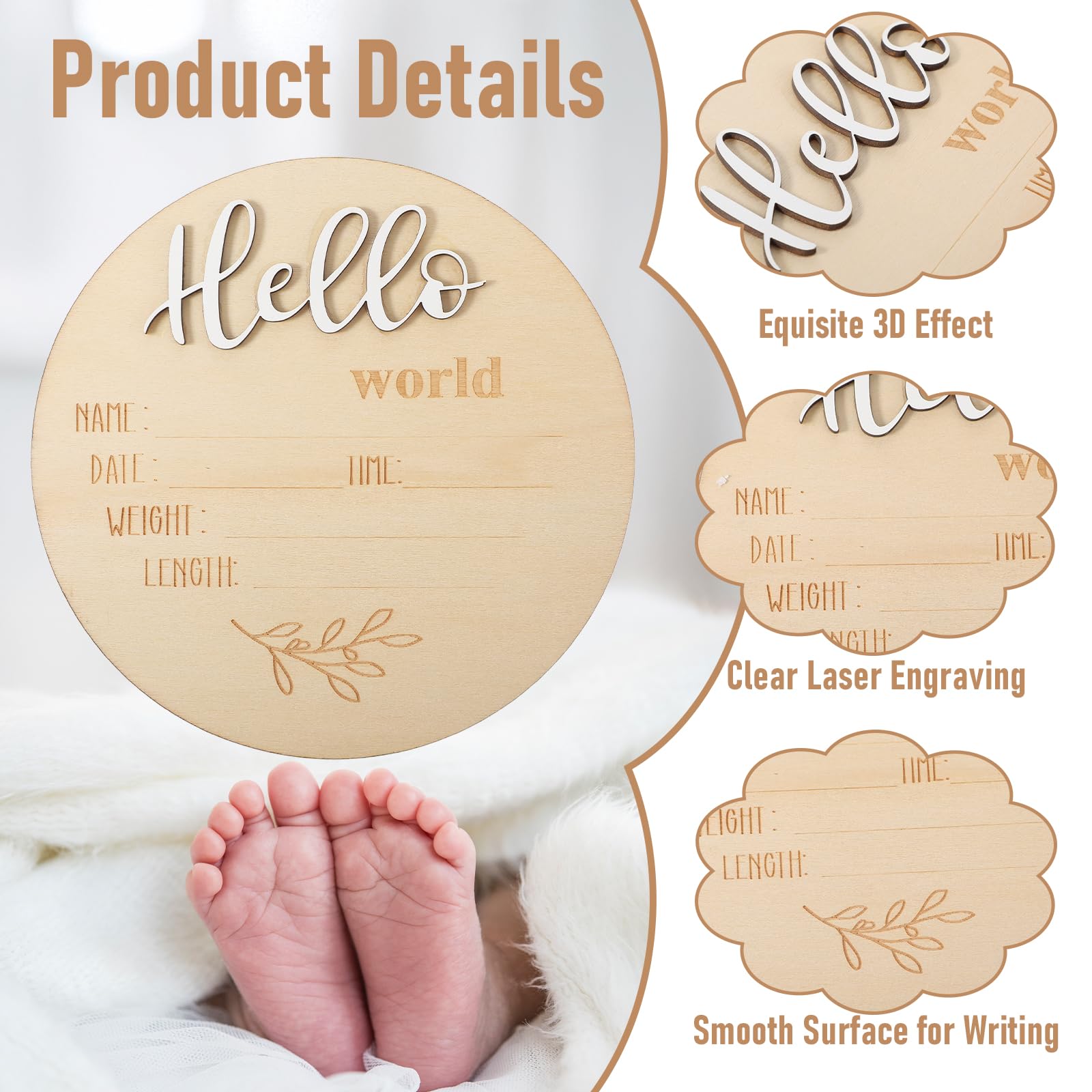 Heclia Baby Announcement Sign Hello World on natural pine for newborn welcome photos.