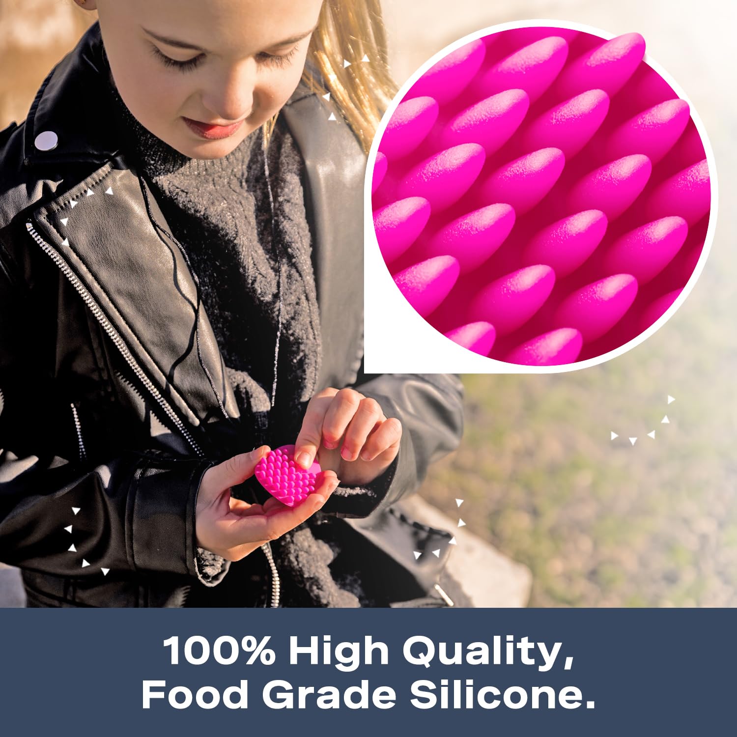 HedgeHog Health chewy necklace shown beside dishwasher-safe cleaning for hygiene