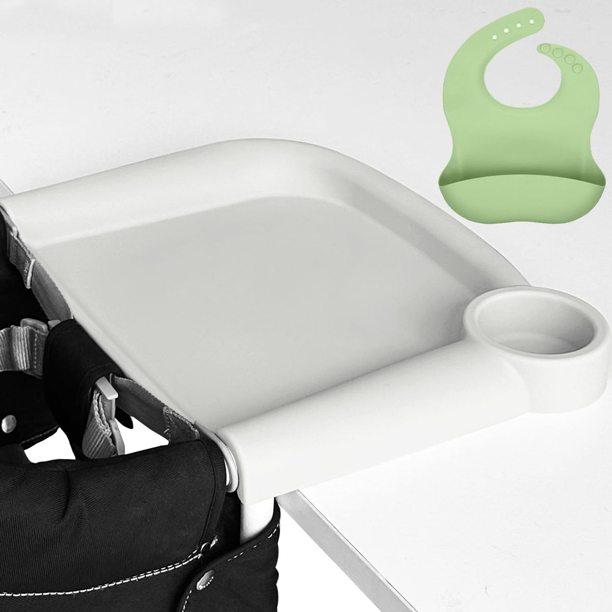 Heebabeys silicone baby dining tray side view shows secure fit for mess-free feeding