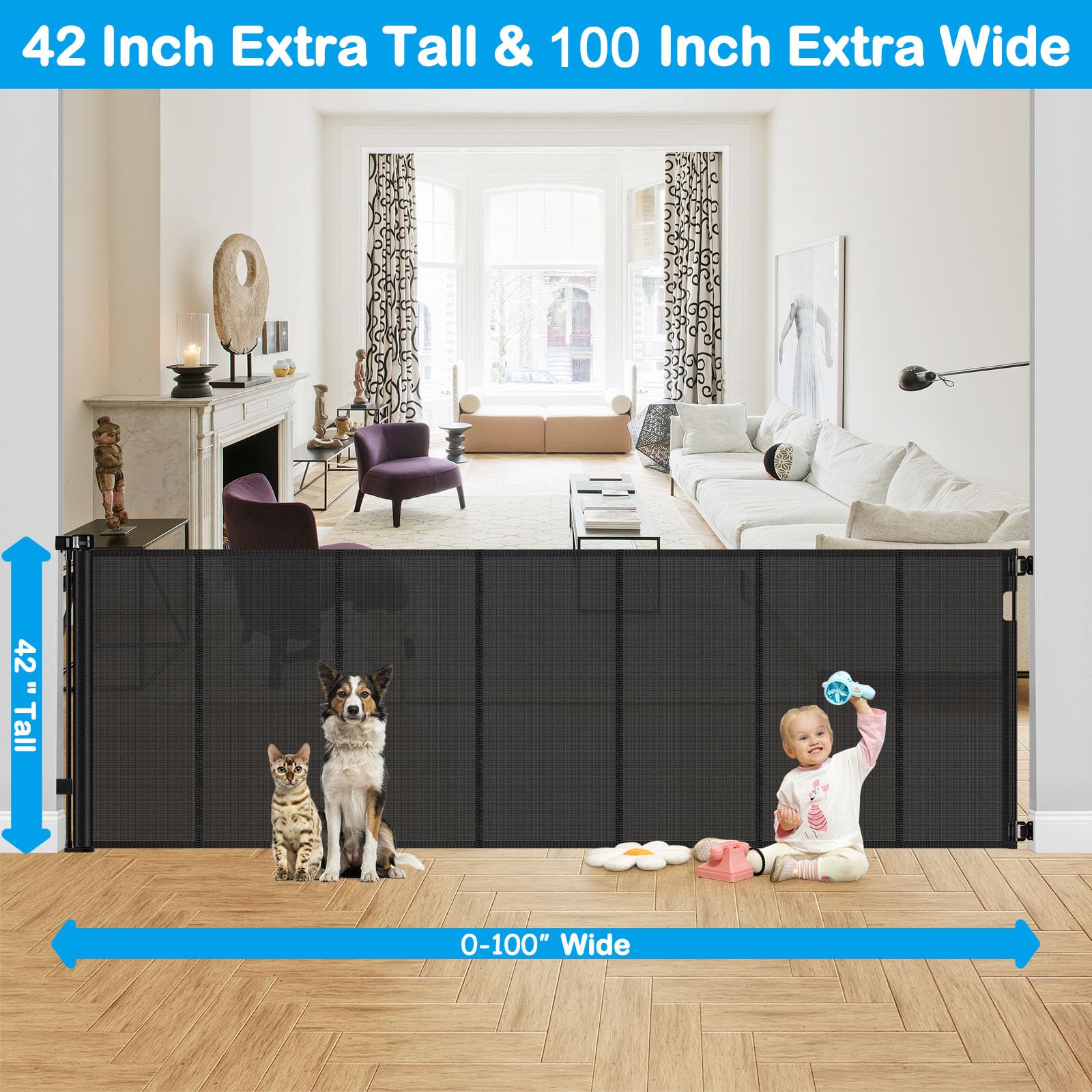 HEELALBABY 100-inch wide retractable gate in use for multi-entry spaces.