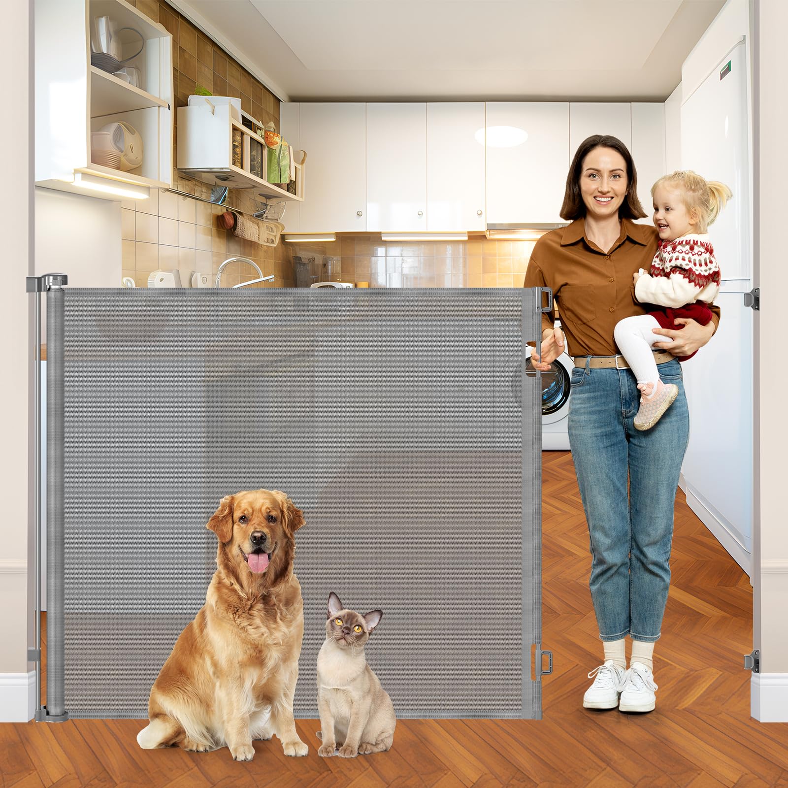 HEELALBABY 48-inch gate in doorway keeps pets contained and children safe.
