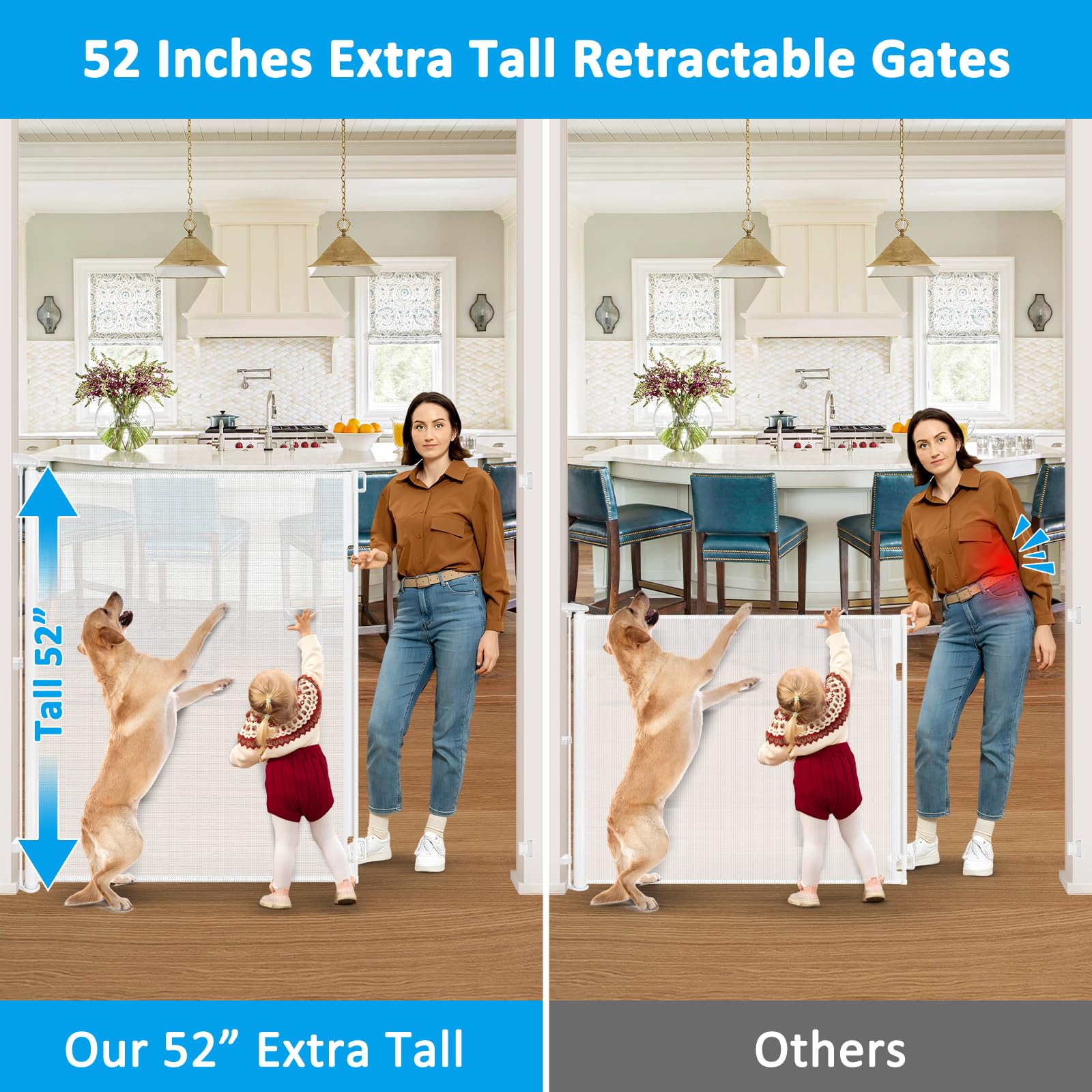 HEELALBABY 55-inch wide retractable gate shown in doorway use.