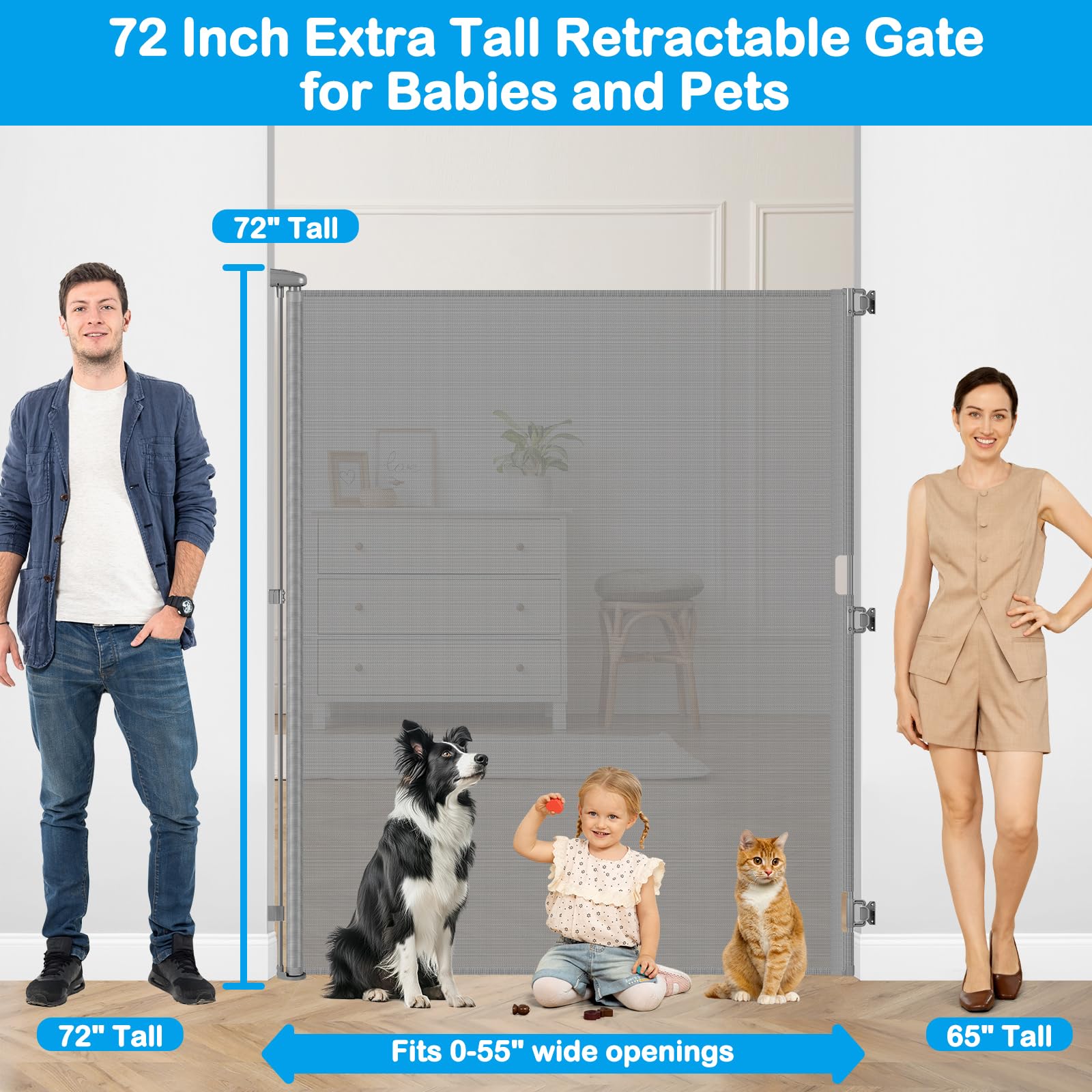 HEELALBABY 72-inch tall gate one-handed operation enables quick access with a child.