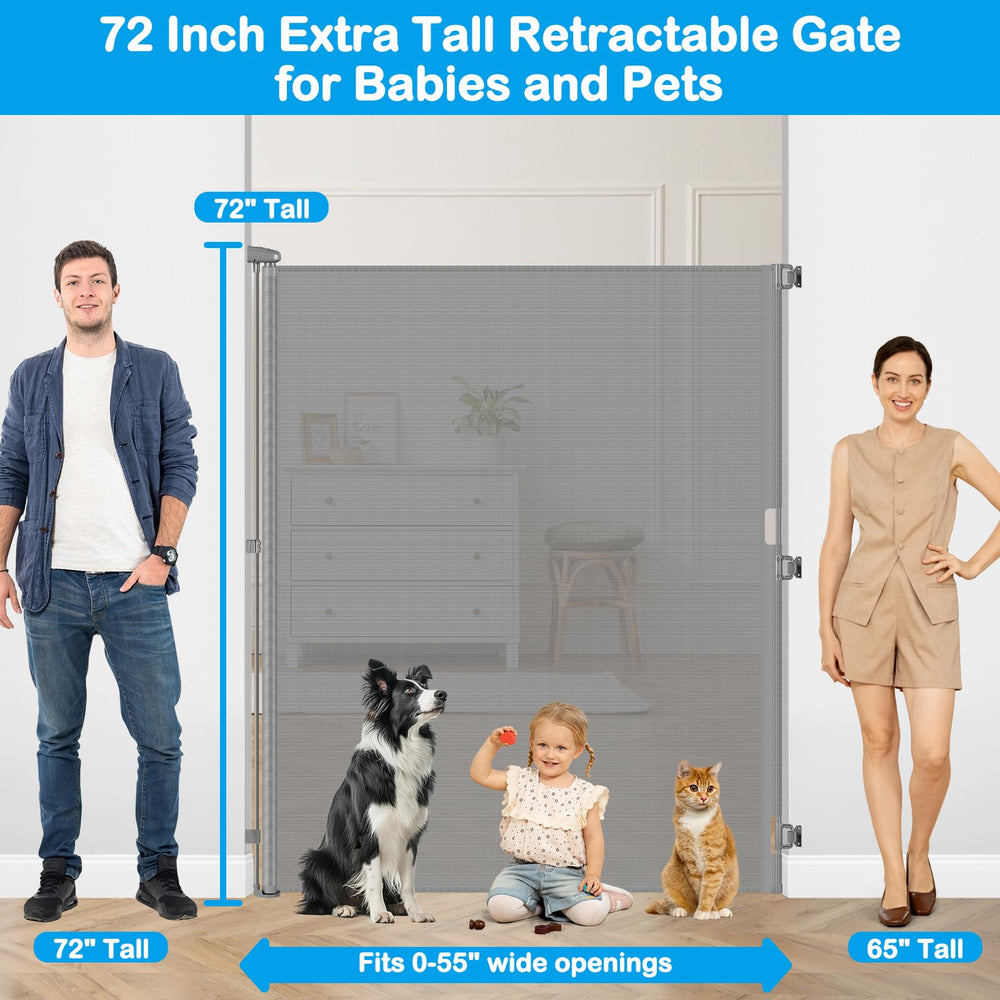 HEELALBABY 72-inch tall gate one-handed operation enables quick access with a child.