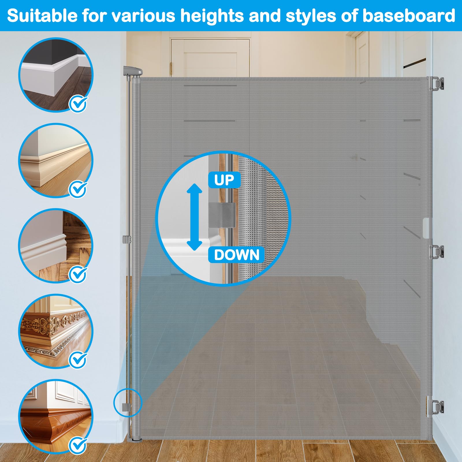 HEELALBABY 72-inch tall gate scratch-resistant mesh stands up to everyday wear.