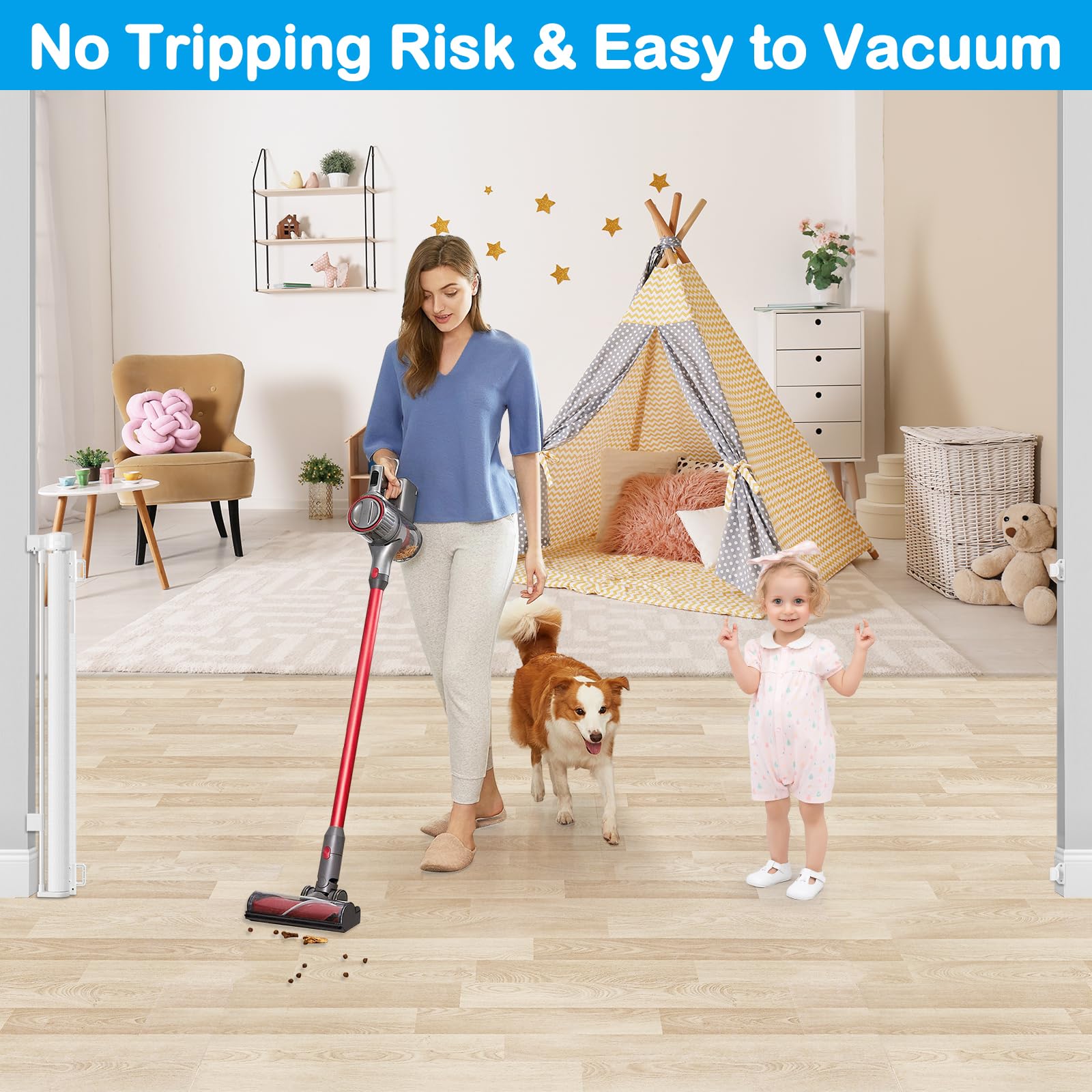 HEELALBABY baseboard adjustable gate slides to fit any doorway.
