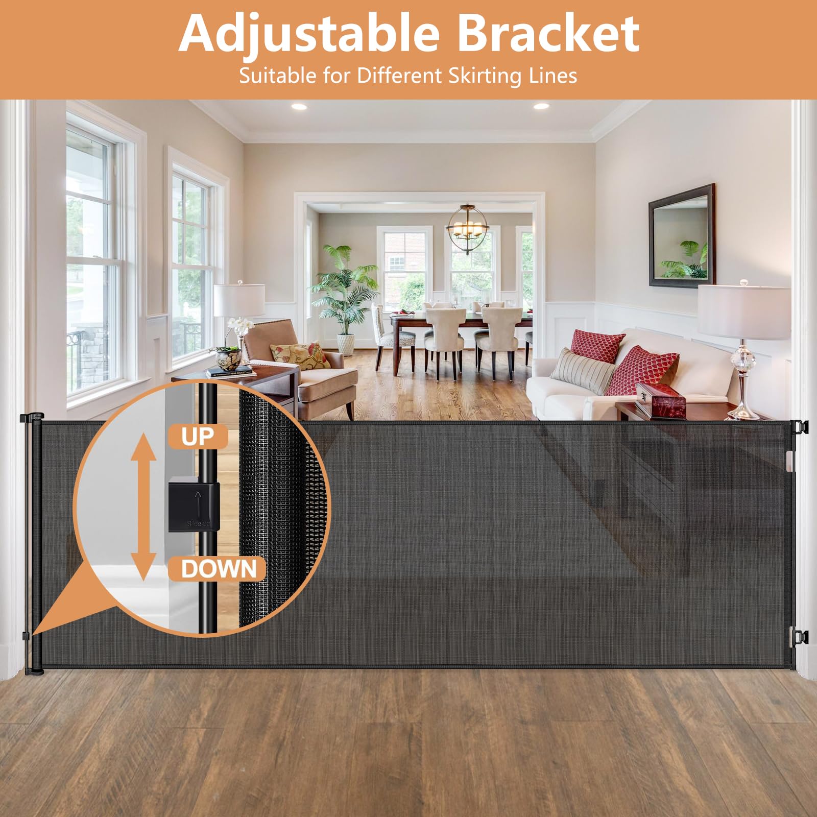 HEELALBABY black mesh gate outdoors on deck highlighting weather-friendly design