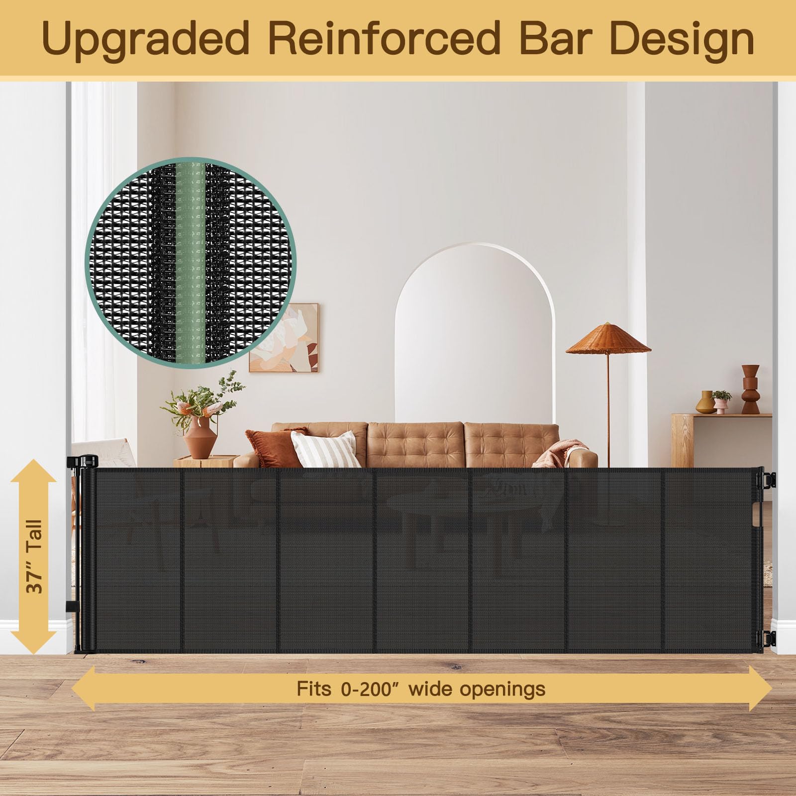 HEELALBABY extra-wide gate rolled-up shows space-saving retractable design.