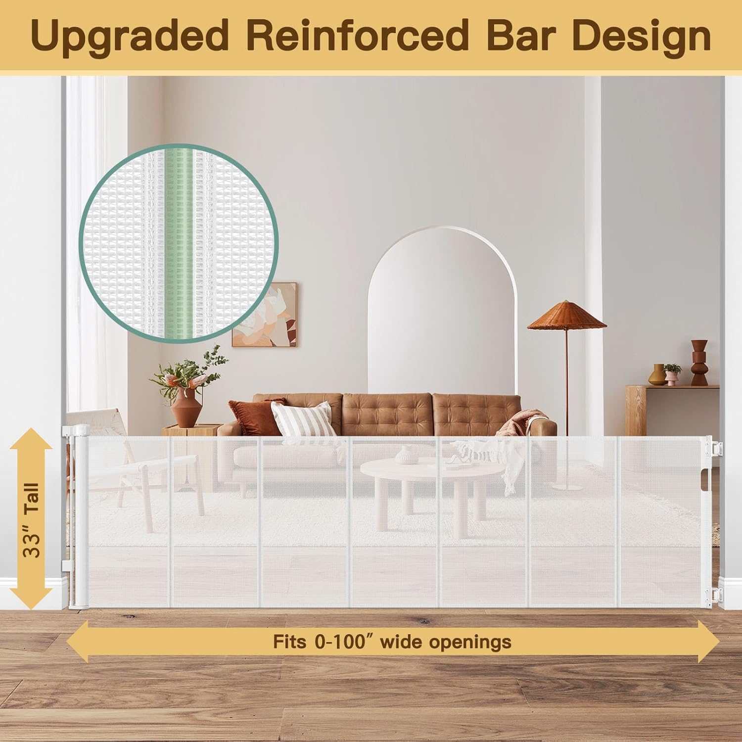 HEELALBABY gate width-extension-mechanism demonstrates fitting up to 100 inches wide.