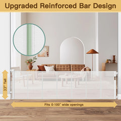 HEELALBABY gate width-extension-mechanism demonstrates fitting up to 100 inches wide.