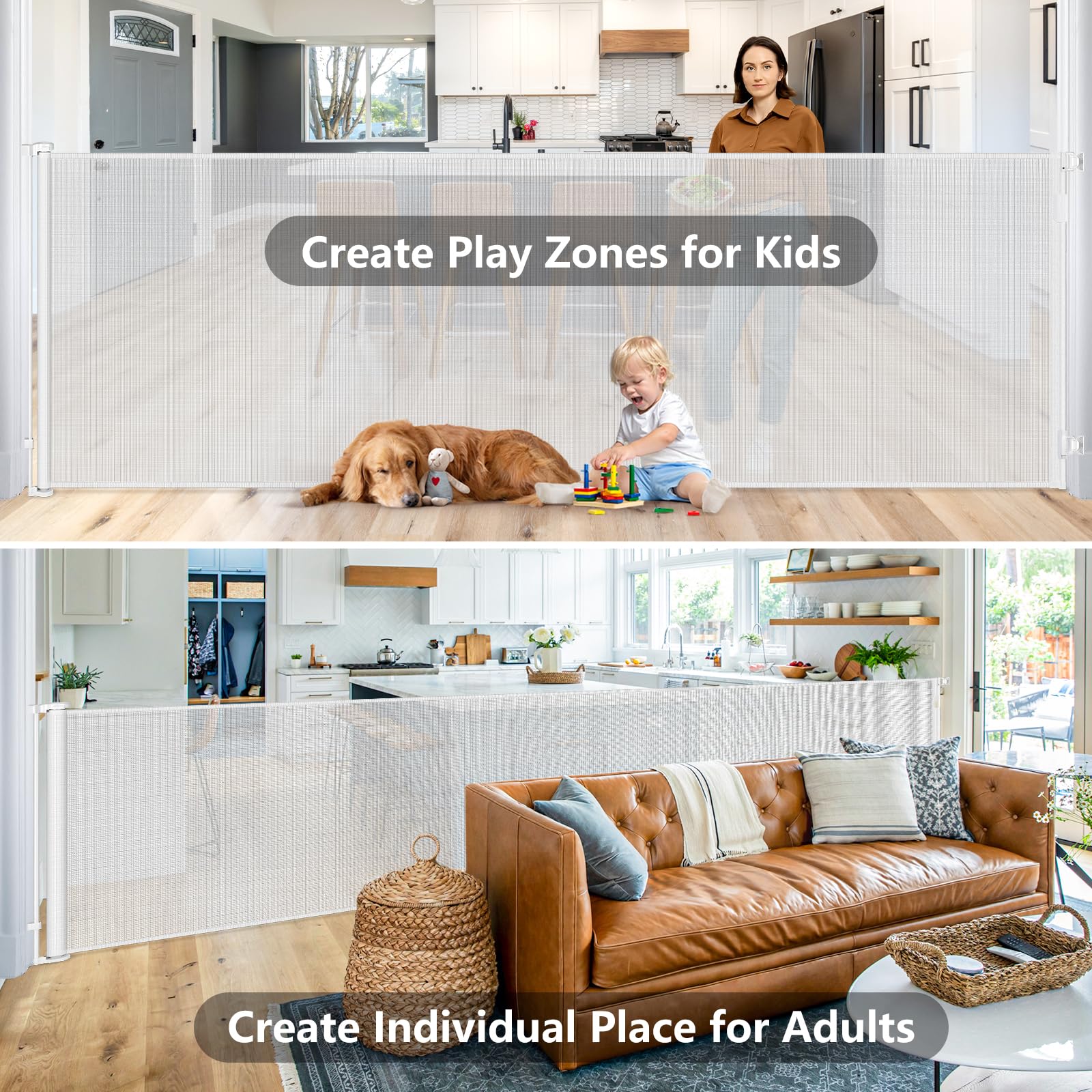 HEELALBABY indoor-outdoor gate shown for patios, doorways, or balconies.