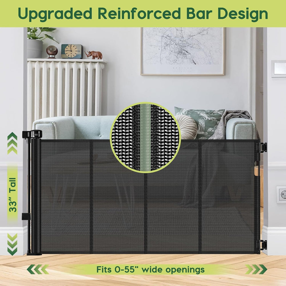 HEELALBABY reinforced gate closed in doorway provides child and pet barrier