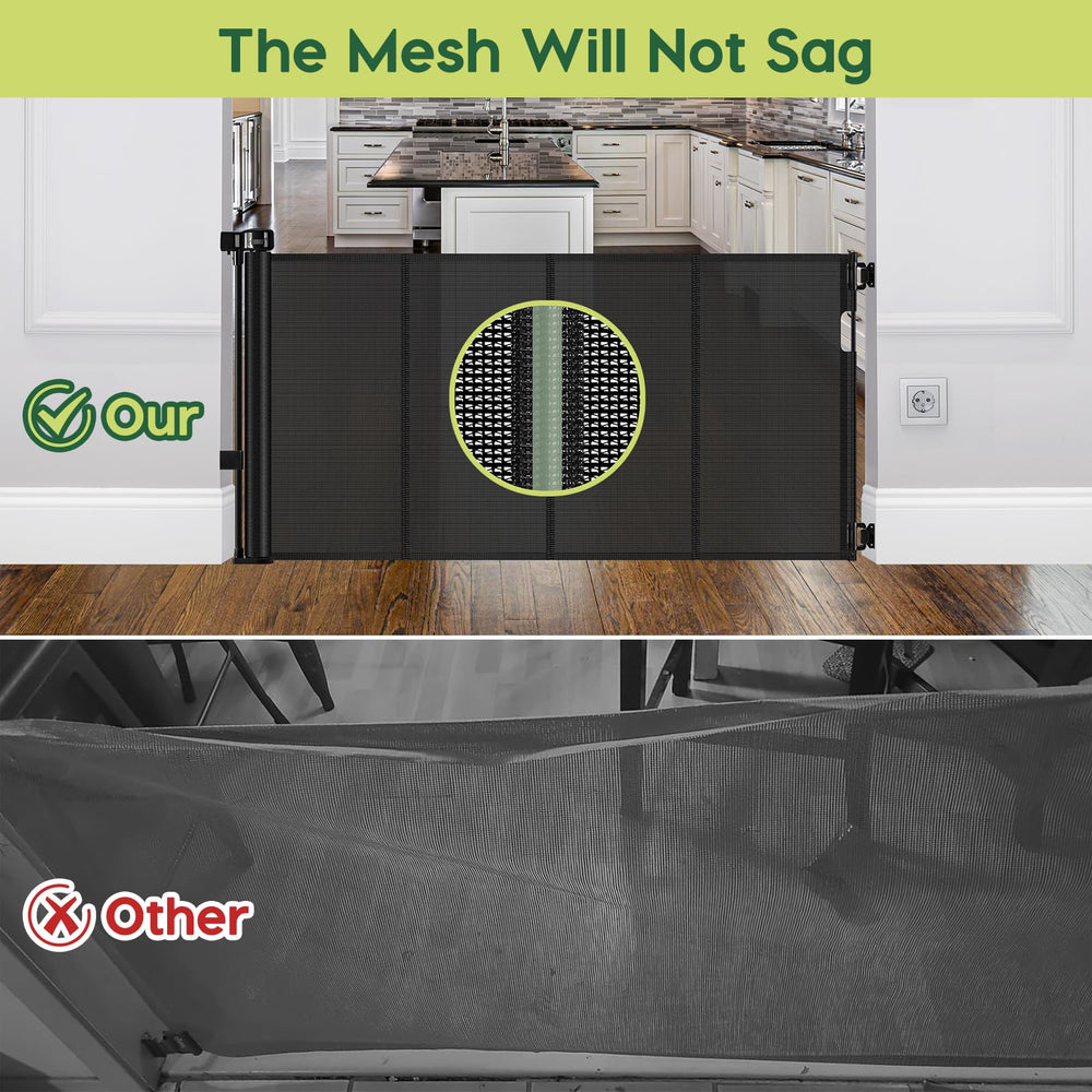 HEELALBABY reinforced gate open mesh demonstrates space-saving retractable design