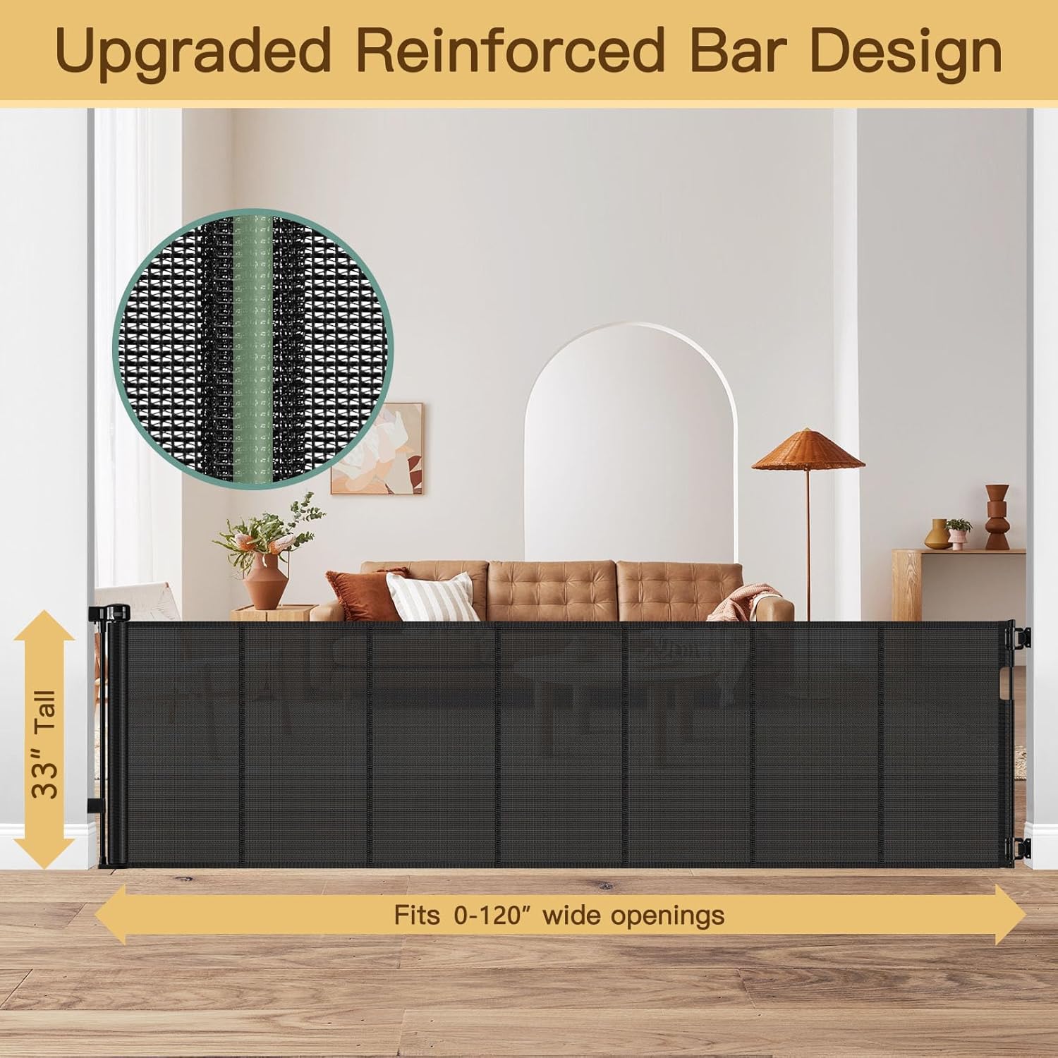 Heelalbaby reinforced-gate retractable system extends up to 120 inches for wide openings.