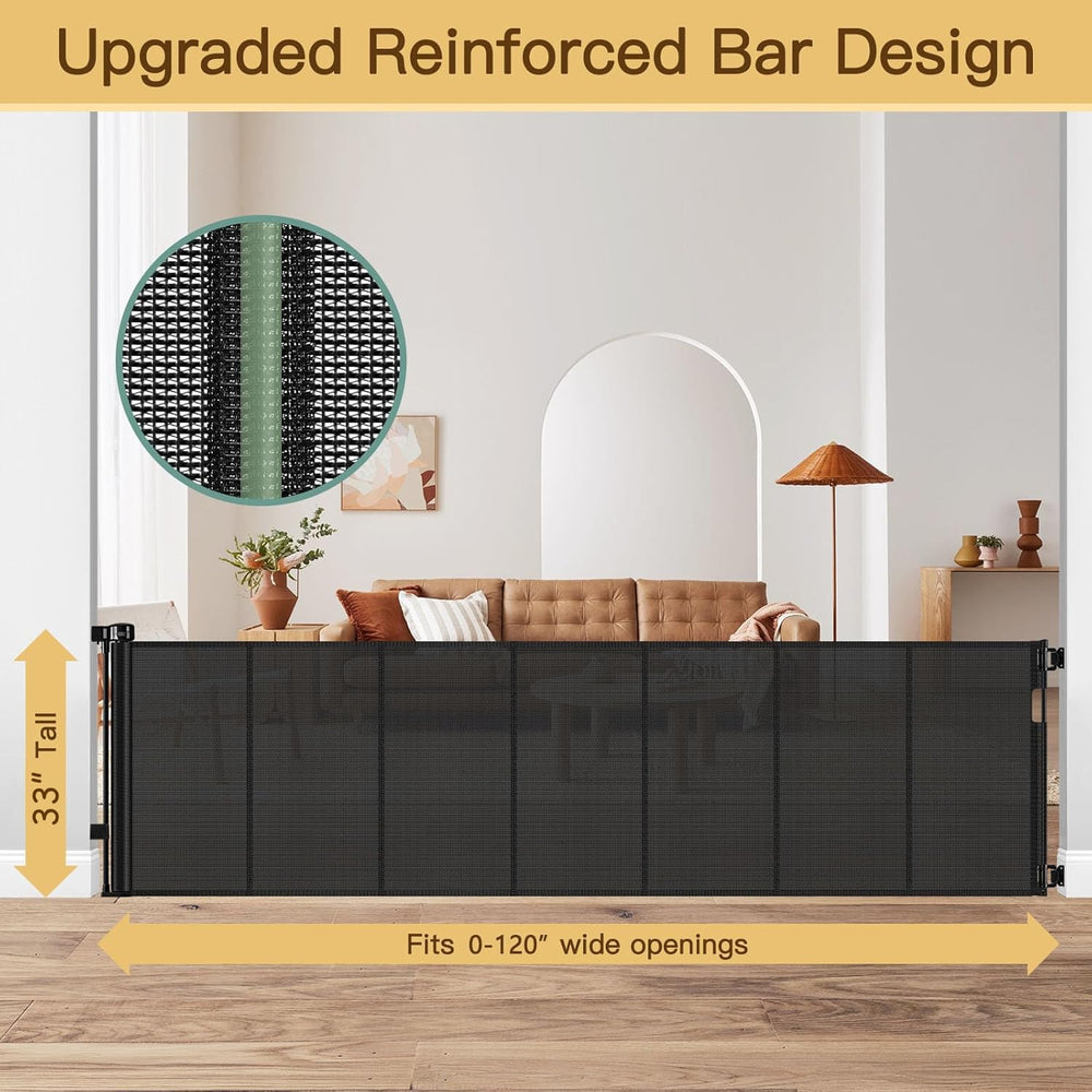 Heelalbaby reinforced-gate retractable system extends up to 120 inches for wide openings.