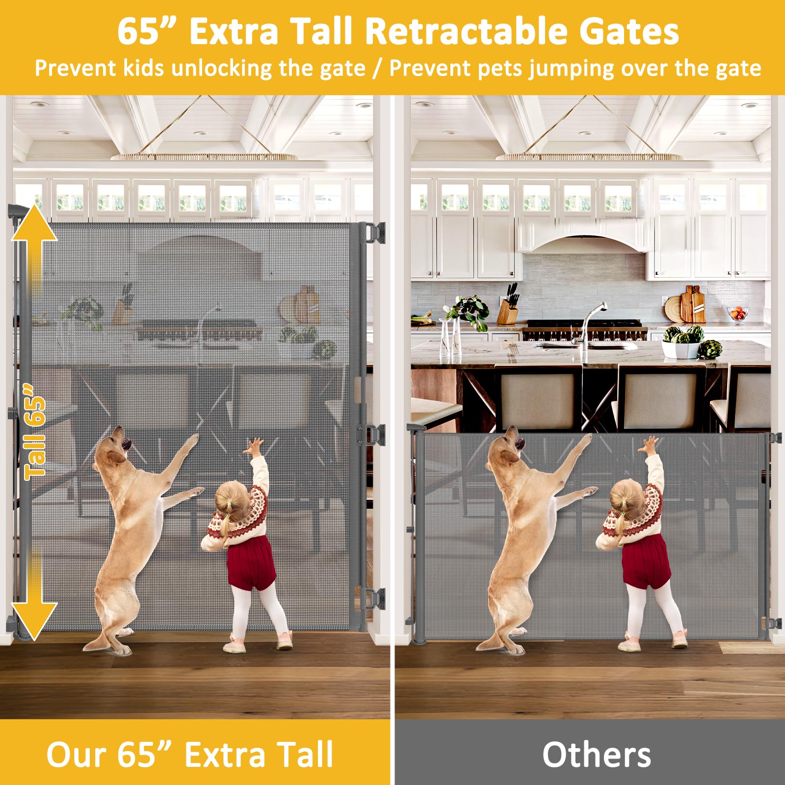 HEELALBABY retractable gate operation demonstrates one-handed ease for busy homes.