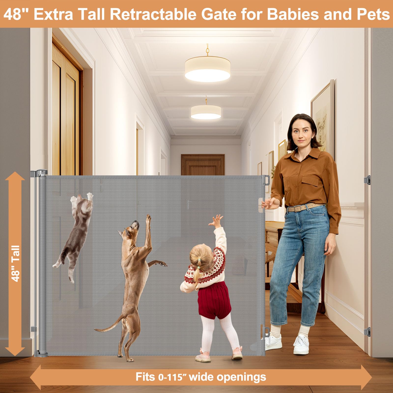HEELALBABY retractable gate extended to wide opening for large spaces.