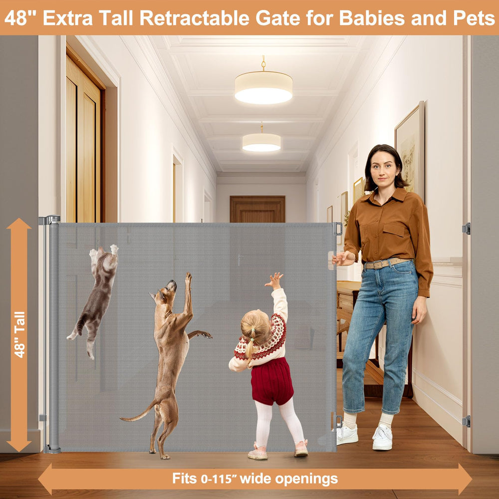 HEELALBABY retractable gate extended to wide opening for large spaces.