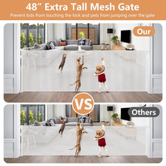 HEELALBABY retractable mesh gate being rolled to the side saves space for small rooms.