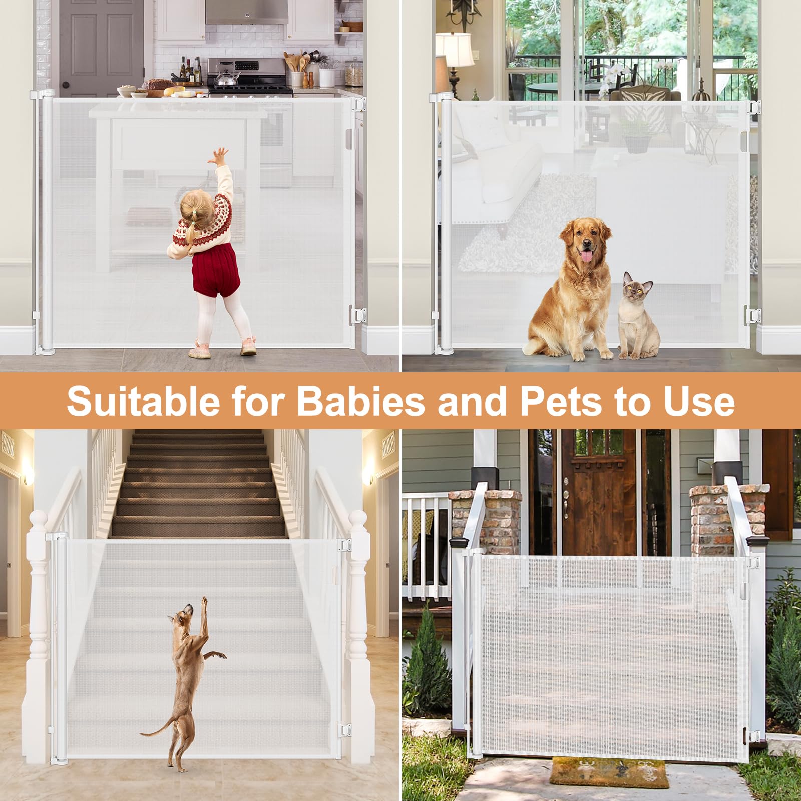 HEELALBABY white mesh gate blends with decor and keeps pets contained.