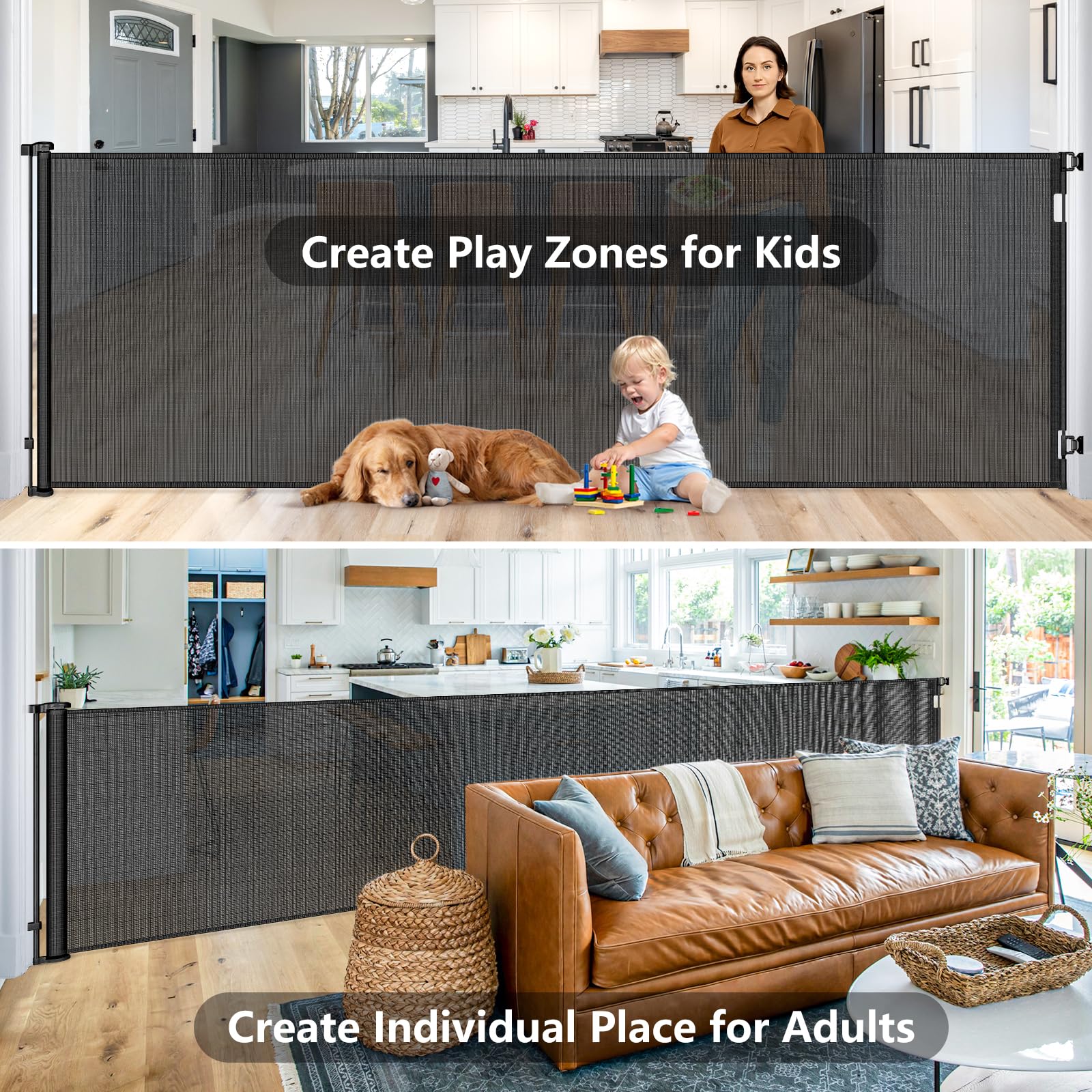 HEELALBABY wide retractable gate installed at doorway for controlled pet access