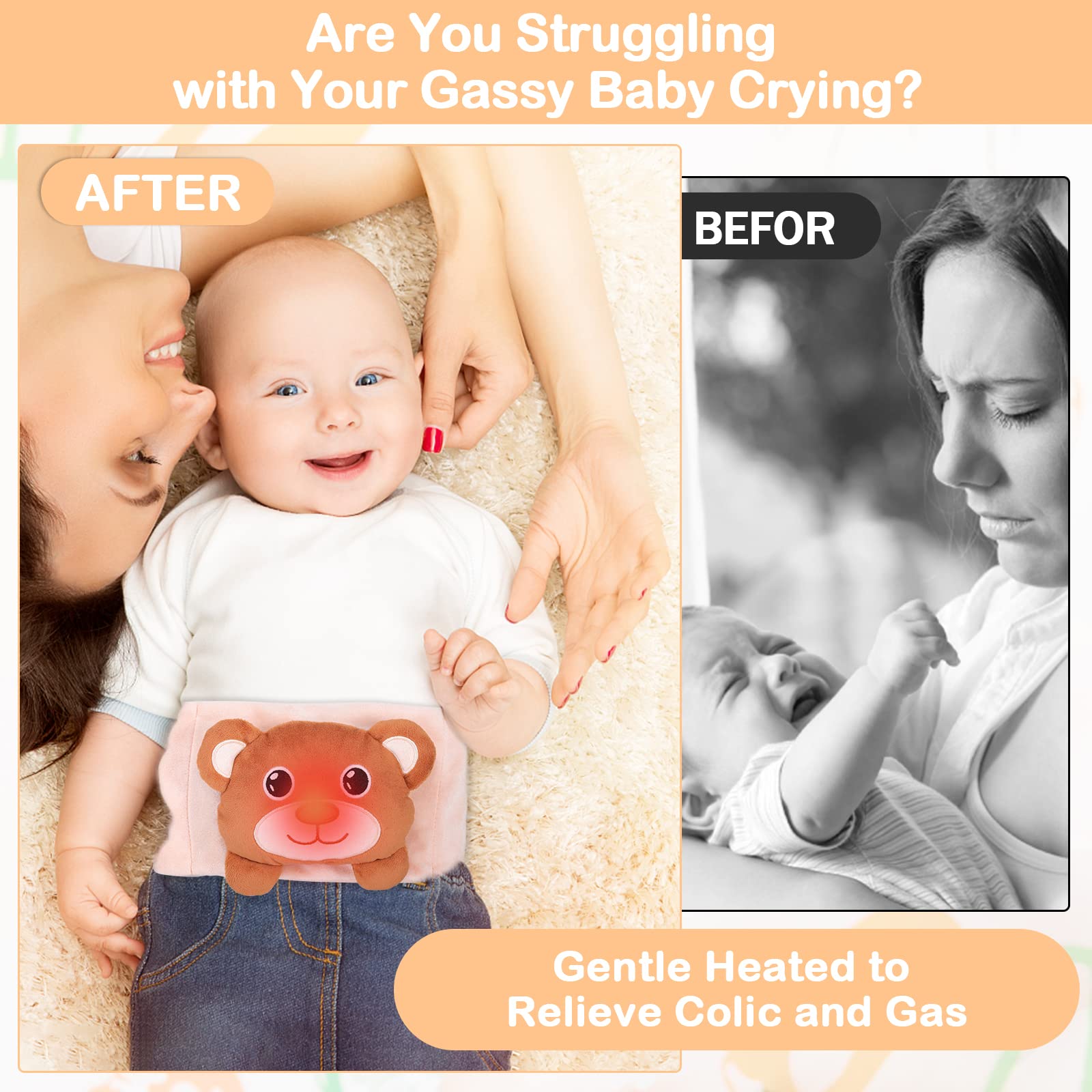 Heigoeost bear plush doll on belly belt distracts during colic.