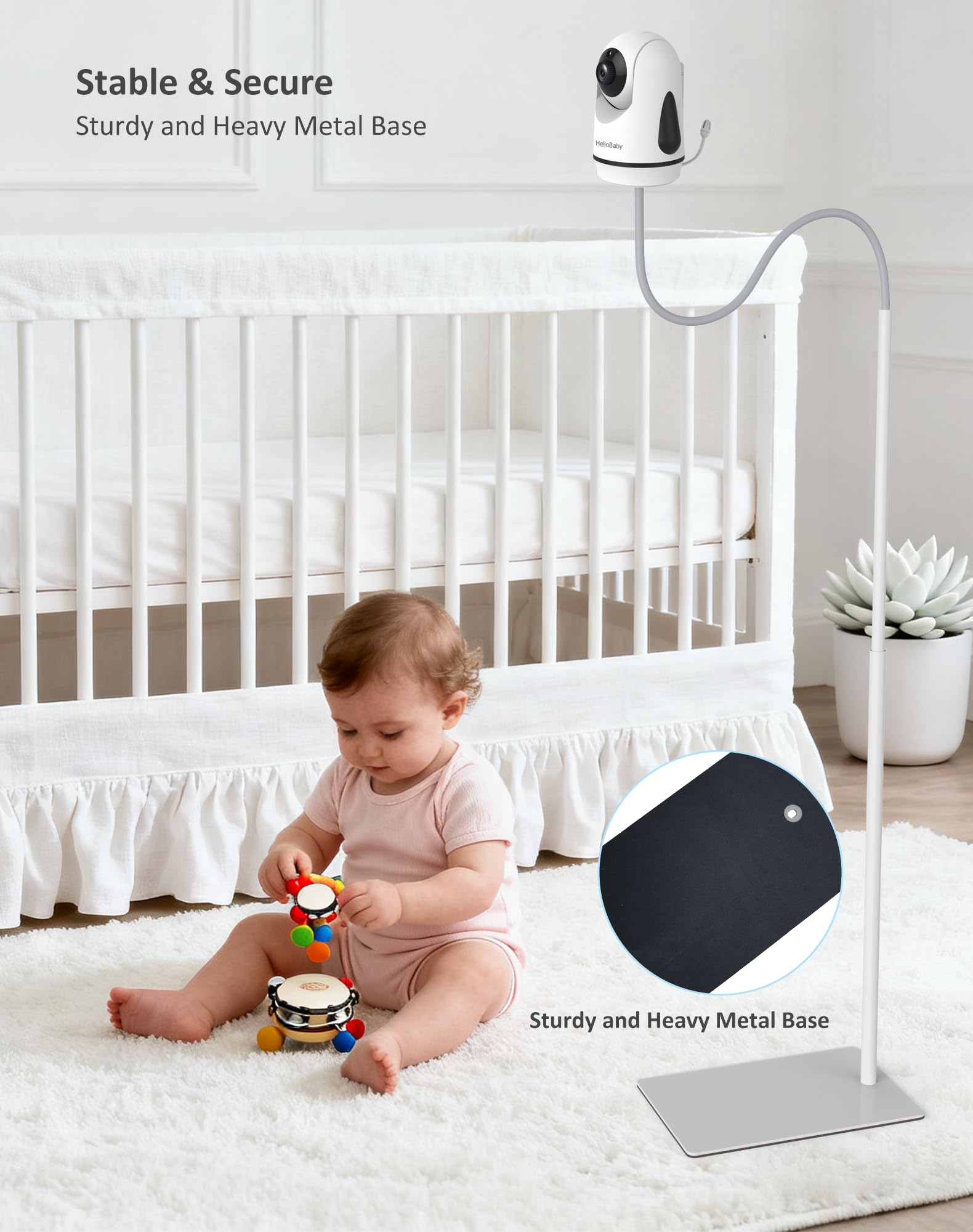HelloBaby easy-installation image highlights tool-free setup beside the crib in minutes.