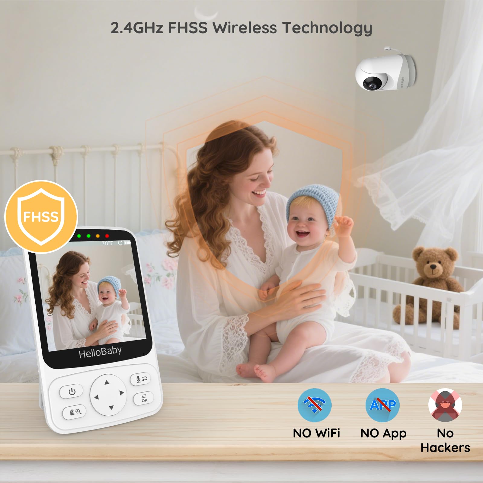 HelloBaby FHSS-encrypted 2.4GHz channel ensures secure private monitoring.