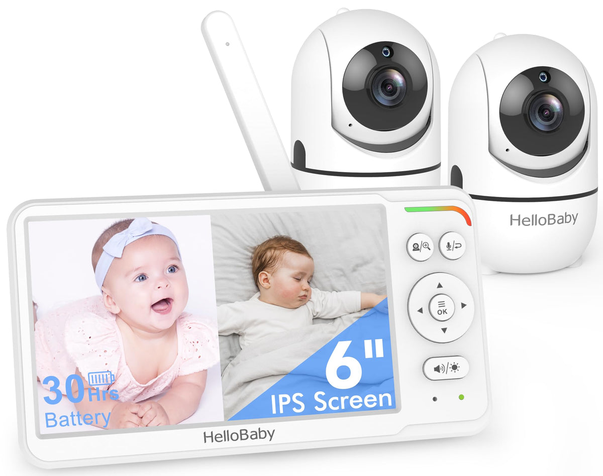 HelloBaby HB6560-2 dual-camera display shows side-by-side monitoring for twins