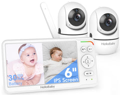 HelloBaby HB6560-2 dual-camera display shows side-by-side monitoring for twins