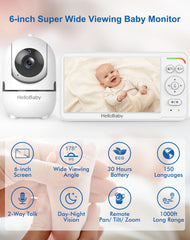 HelloBaby HB6560 pan-tilt image shows 355° rotation for full-room coverage