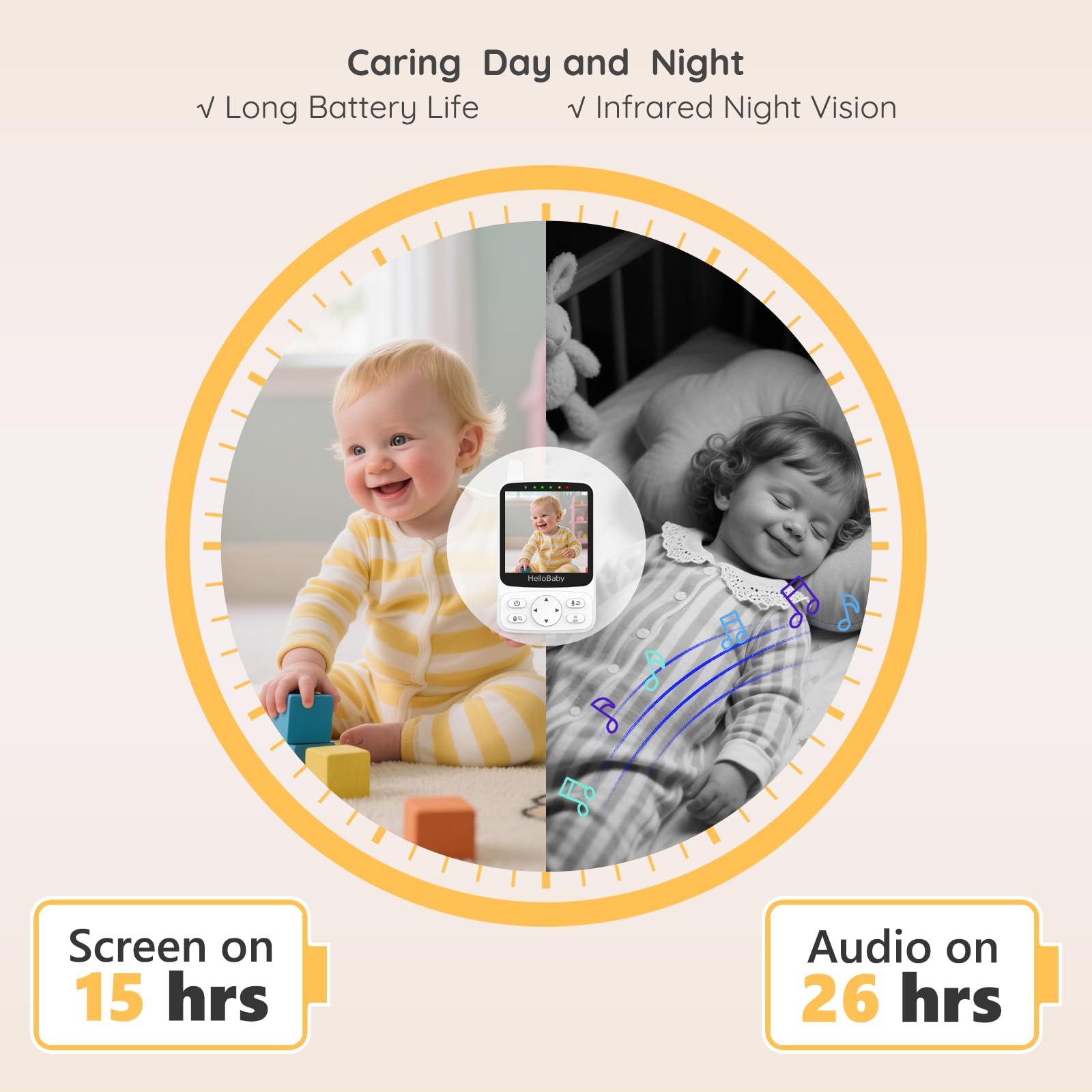 HelloBaby two-way audio and lullabies soothe baby remotely.