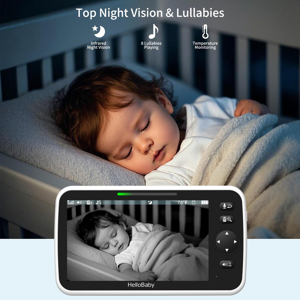 HelloBaby 2-way audio and lullabies support soothing communication from another room.